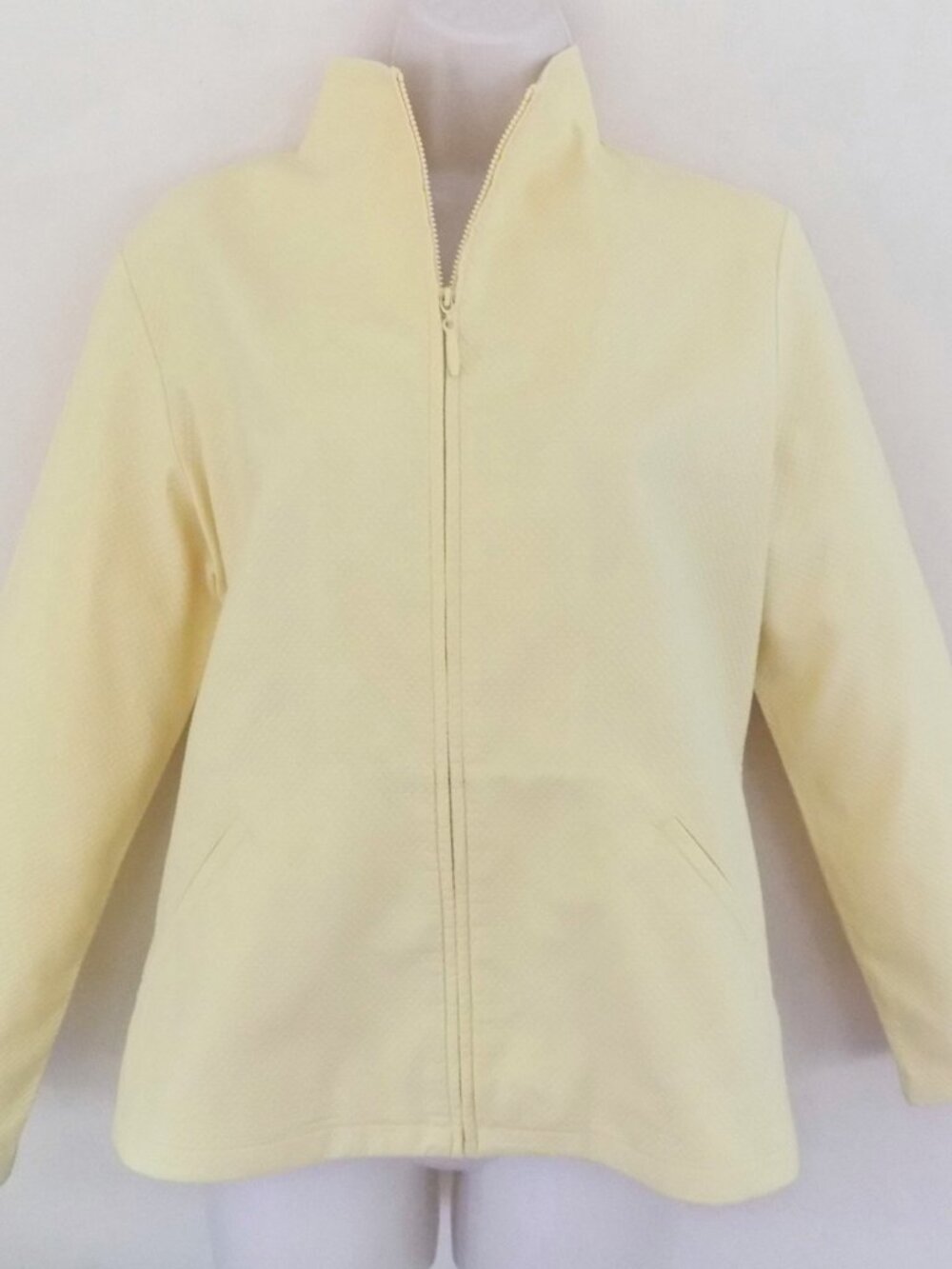 Eileen Fisher zip jacket S Cotton bl Pique Pale yellow Pockets Texture Casual
